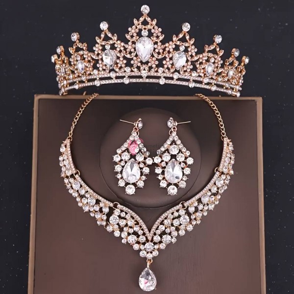 Coroana cu colier si cercei AS05HH Auriu cu cristale din sticla